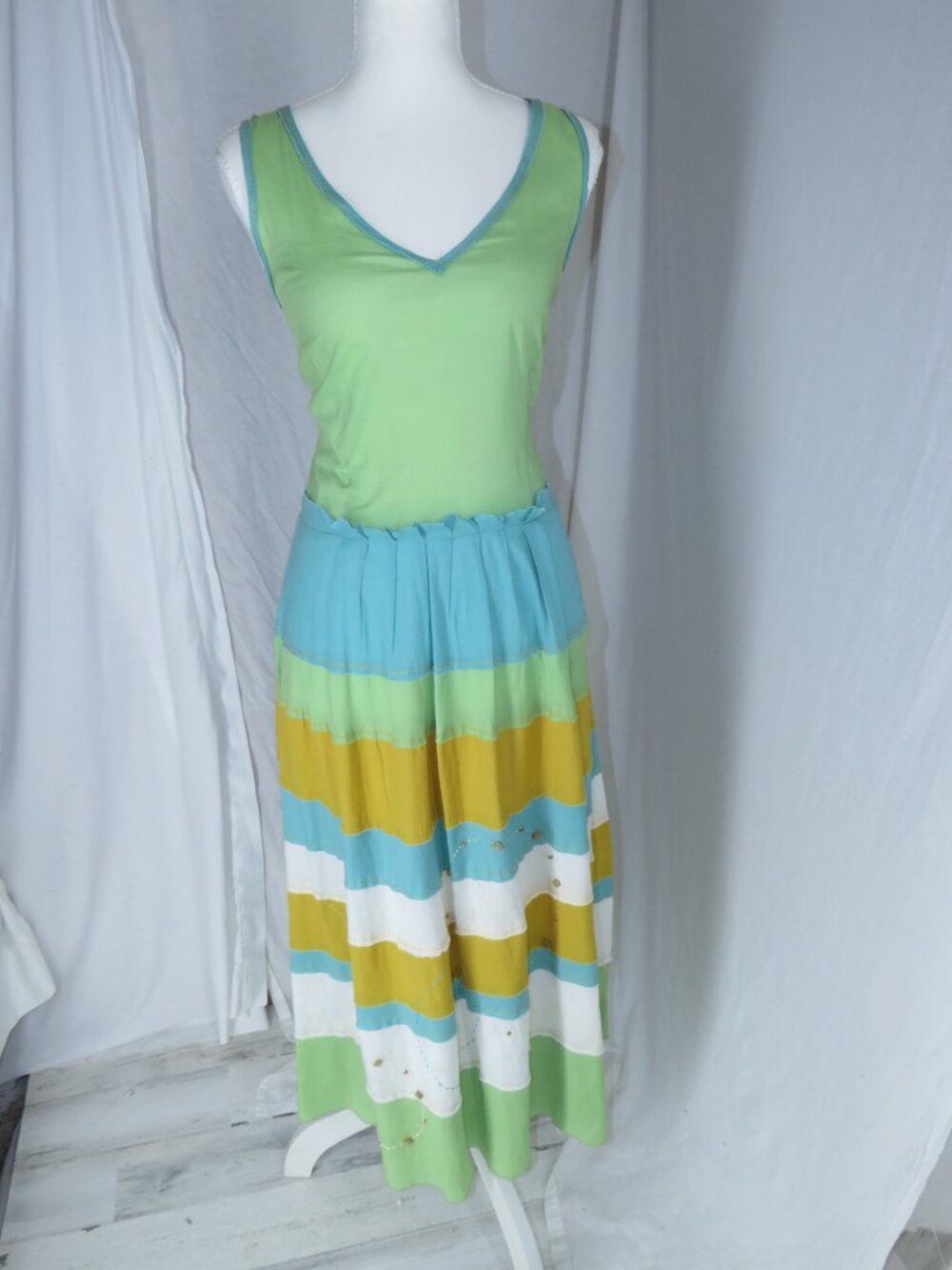 Vintage‑Inspired Multicolor Cotton Sundress  Hand‑Beaded Striped Cottagecore Sz4